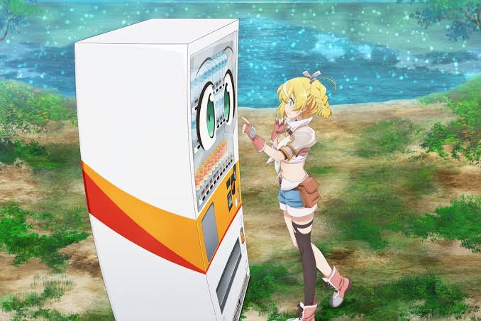 Frame di Reborn as a Vending Machine, I Now Wander the Dungeon con il distributore automatico e una ragazza.