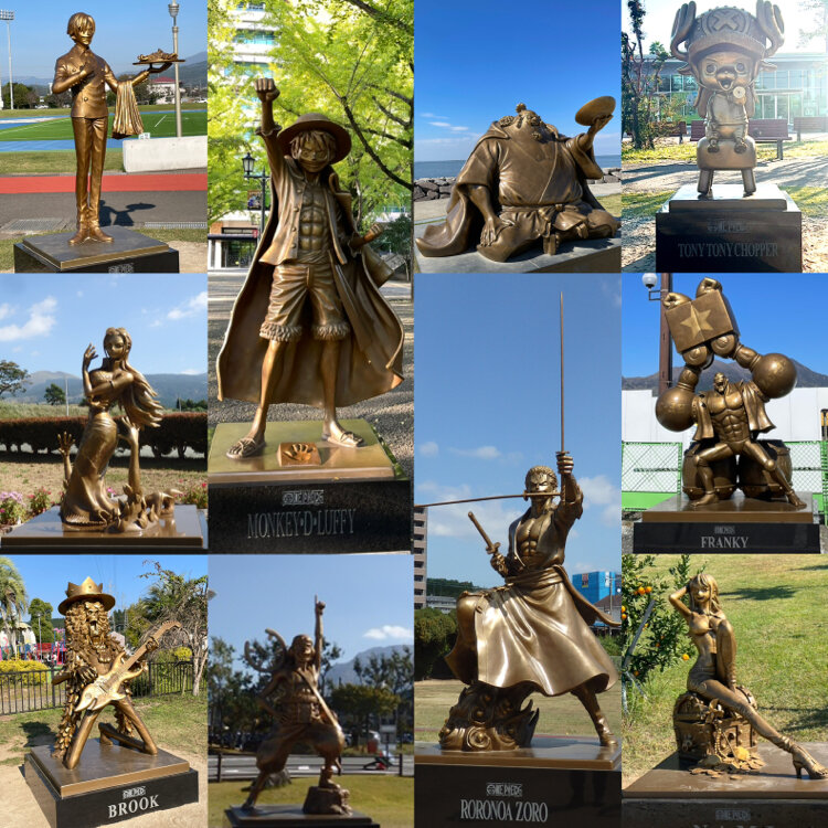 Collage con le dieci statue in bronzo della ciurma di Cappello di Paglia installate nella prefettura di Kumamoto.